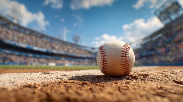 A close-up of a baseball sitting on the pitcher&acirc;s mound in a professional stadium. The dirt, grass, and bright blue sky create an exciting atmosphere, symbolizing competition and the spirit of the