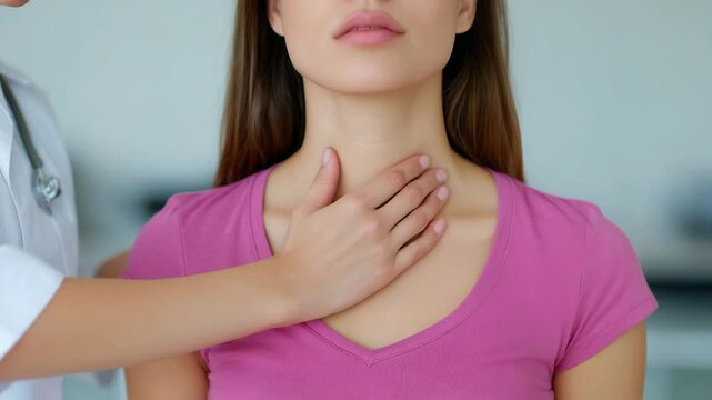 A physician places gentle fingers on a patient&rsquo;s neck to examine thyroid gland. Concept of preventive healthcare and endocrine diagnosis.