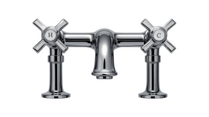 A chrome-plated deck-mounted bathtub faucet with dual cross handles for controlling hot and cold water in a modern bathroom.