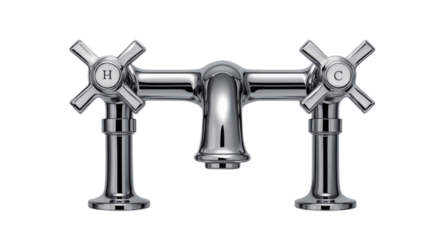 A chrome-plated deck-mounted bathtub faucet with dual cross handles for controlling hot and cold water in a modern bathroom.
