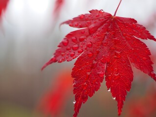 Close up of a vibrant red maple leaf covered in glistening water droplets after a rain