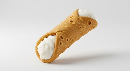 Single cannoli pastry filled with sweet cream on a plain white surface in horizontal orientation
