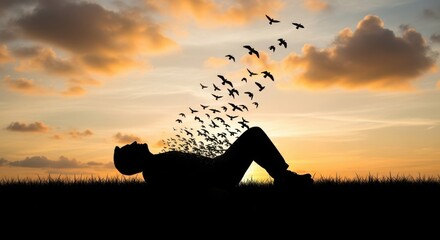 A mans silhouette watches birds fly at sunset