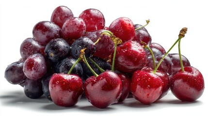 Fresh cherries and grapes, mixed together in a natural arrangement, placed on a white background to highlight their juicy and vibrant appearance