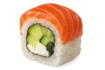 Uramaki sushi roll featuring salmon, avocado, cucumber, cream cheese on transparent background with clean presentation