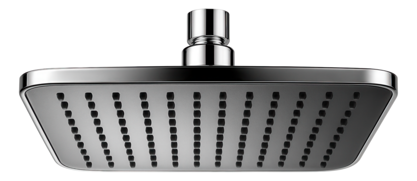 A rain showerhead with a wide, flat design that mimics natural rainfall for a spa-like experience in a private house bathroom.