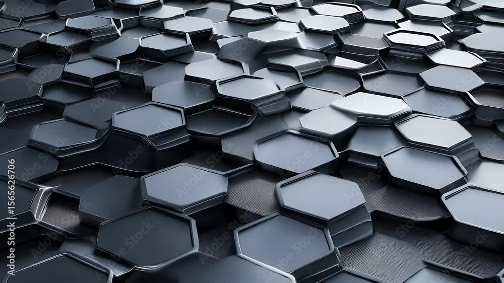 Poster abstract hexagonal pattern with metallic texture in shades of grey and silver reflecting light. geom