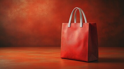 A red shopping bag with white handles placed on a red wooden surface.
