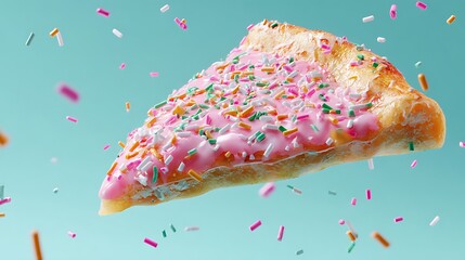 A slice of pizza topped with pink frosting and colorful sprinkles