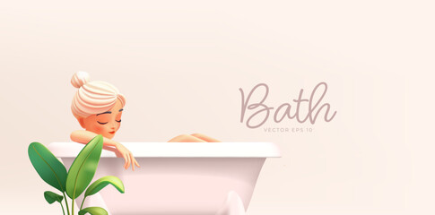 Girl in white bathtub, tropical leaves, 3D. For relaxation, body care concepts. Modern light banner for body care products concepts. Vector illustration.