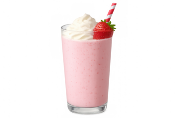 Strawberry milkshake garnished with whipped cream, ripe strawberry, red striped straw against transparent backdrop