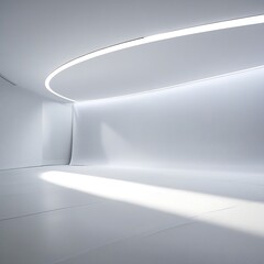 Highly polished professional photograph of a sleek, modern photography studio featuring a vast, seamless white cyclorama wall that curves smoothly to meet the matte white floors.