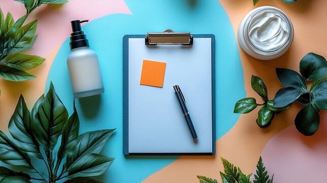 "Top View of Clipboard, Pen, Orange Sticky Note, Cosmetic Bottle and Jar on Colorful Background with Green Leaves for Beauty, Wellness and Office Projects"
