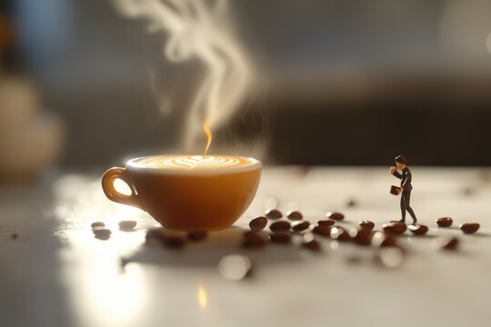 A miniature businessman stands near a steaming cup of latte art, surrounded by coffee beans.