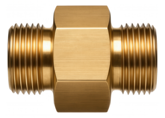 A brass pipe adapter with threaded ends for connecting pipes of different diameters in a residential basement.
