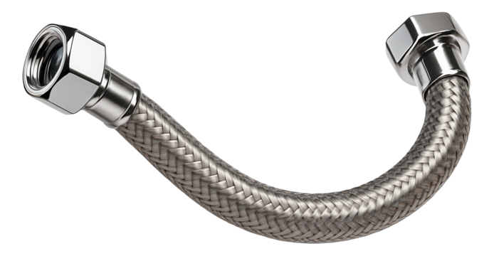 Flexible hose with braided stainless steel exterior for connecting a kitchen faucet to the water supply in a private house.