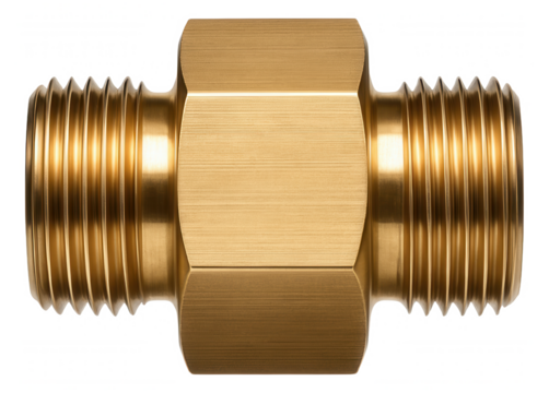 A brass pipe adapter with threaded ends for connecting pipes of different diameters in a residential basement.