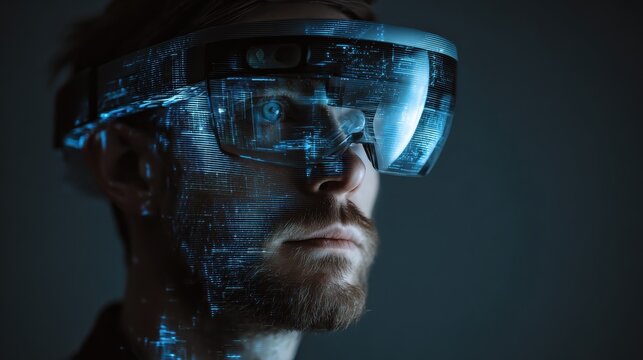 The idea of interaction between artificial intelligence and humans, a man in virtual reality glasses programs systems, the concept of human-computer integration