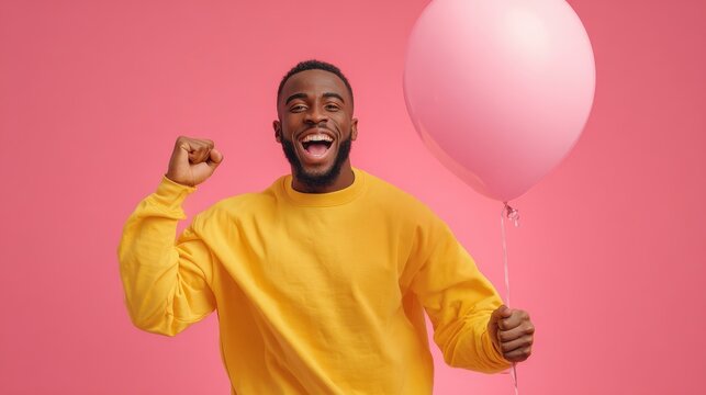 Horizontal shot of happy black man celebrates successful finishing of university or college, invites friends to share happiness, makes victory dance with clenched fist and inflated air balloon, no lo