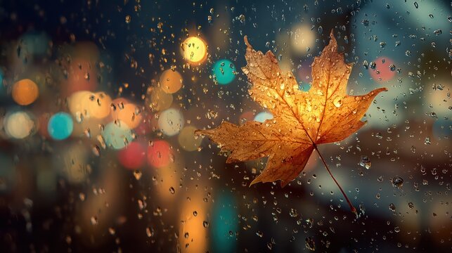 Autumn leaf on rainy window with bokeh lights backdrop