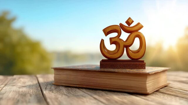 A golden Om sculpture rests atop an ancient book on a wooden table in warm sunrise light. Concept of harmony, meditation and timeless wisdom.