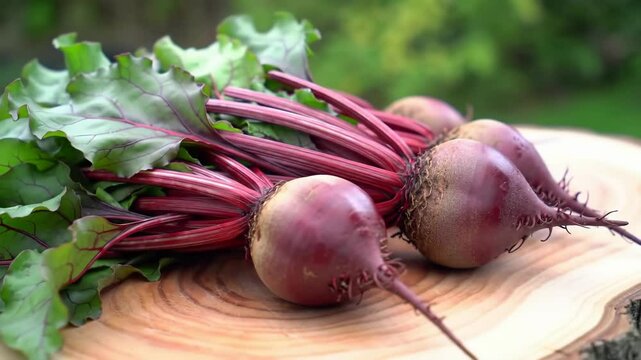 Fresh organic beets with green leaves on wood surface, close up