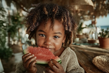 Enfant souriant mangeant une tranche de pastèque en été, moment joyeux et naturel en extérieur, scène estivale colorée avec diversité et expression authentique