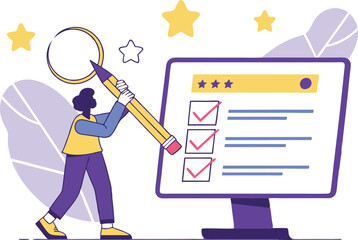 Completing online survey form with positive feedback and evaluation review vector illustration