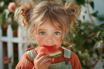 Enfant souriant mangeant une tranche de pastèque en été, moment joyeux et naturel en extérieur, scène estivale colorée avec diversité et expression authentique