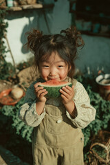 Enfant souriant mangeant une tranche de pastèque en été, moment joyeux et naturel en extérieur, scène estivale colorée avec diversité et expression authentique