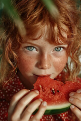 Enfant souriant mangeant une tranche de pastèque en été, moment joyeux et naturel en extérieur, scène estivale colorée avec diversité et expression authentique