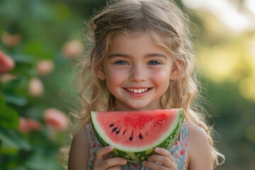 Enfant souriant mangeant une tranche de pastèque en été, moment joyeux et naturel en extérieur, scène estivale colorée avec diversité et expression authentique
