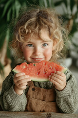 Enfant souriant mangeant une tranche de pastèque en été, moment joyeux et naturel en extérieur, scène estivale colorée avec diversité et expression authentique