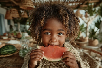 Enfant souriant mangeant une tranche de pastèque en été, moment joyeux et naturel en extérieur, scène estivale colorée avec diversité et expression authentique