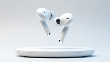 White Wireless Earbuds Floating Above White Charging Case