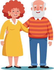 Fototapeta premium Elderly couple standing together smiling in vibrant yellow dress and striped sweater vector illustration 