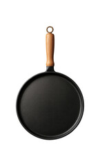 A cast iron pancake pan with a wooden handle, ideal for retaining heat on a cottage stovetop.