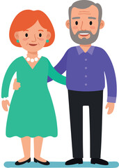 Fototapeta premium Elderly couple standing together in colorful clothing vector illustration with green and purple outfits 
