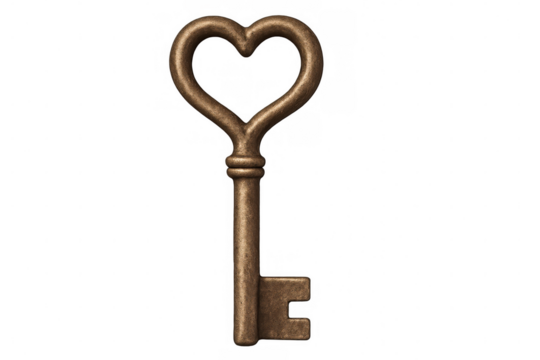 Antique key with heart shaped top isolated on transparent background, ideal for valentine's day projects