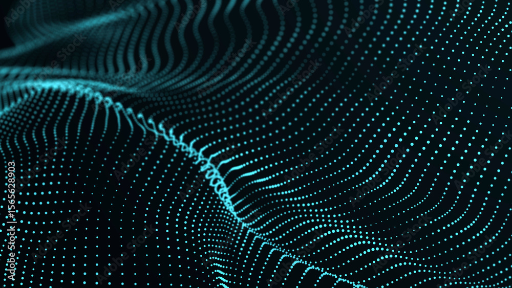 Poster Abstract flow of luminous particles on dark background. Movement of colored dots. Big data. 3D