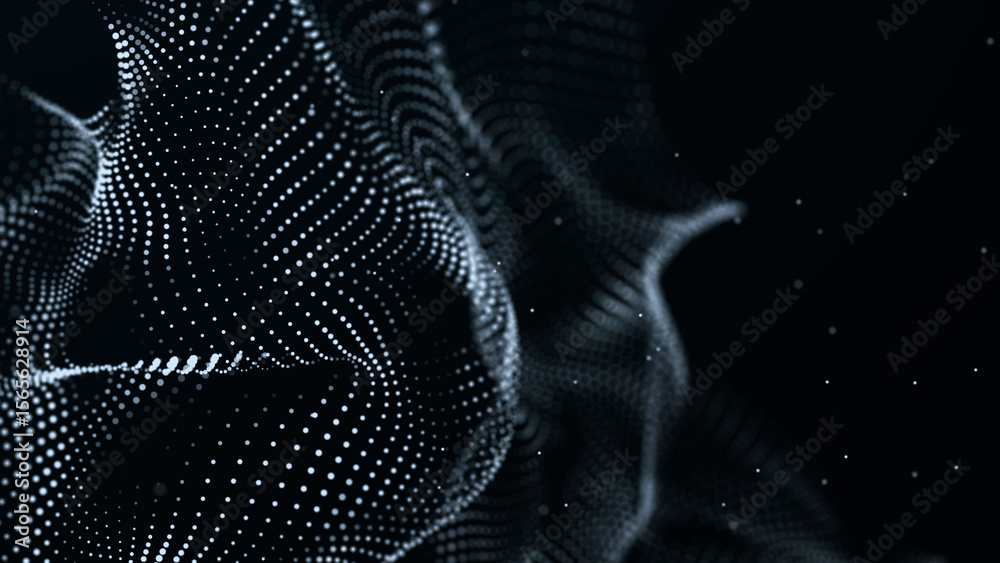 Poster Technology background. Data stream. Movement of luminous dots on dark background. 3d
