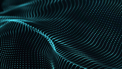 Abstract flow of luminous particles on dark background. Movement of colored dots. Big data. 3D