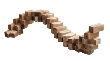 Natural wood blocks stacked together forming a curved wave shape isolated on transparent background