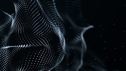 Technology background. Data stream. Movement of luminous dots on dark background. 3d