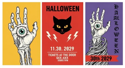 Halloween posters with hands, cat, and event details