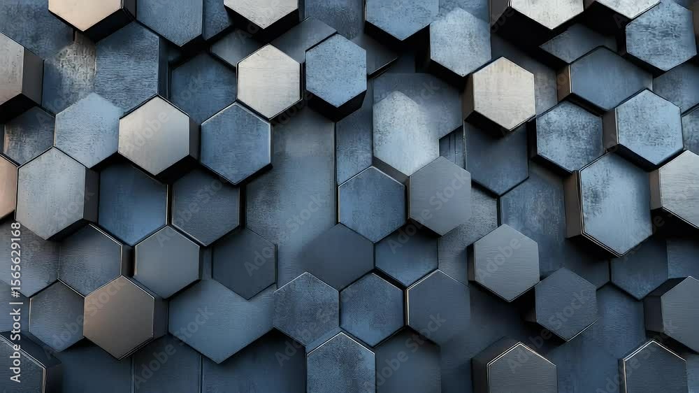 Poster abstract metallic hexagonal pattern with detailed texture and varying shades of gray illuminated cre