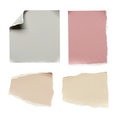 Fototapeta premium Collection of four torn paper pieces in different colors and sizes isolated on transparent background