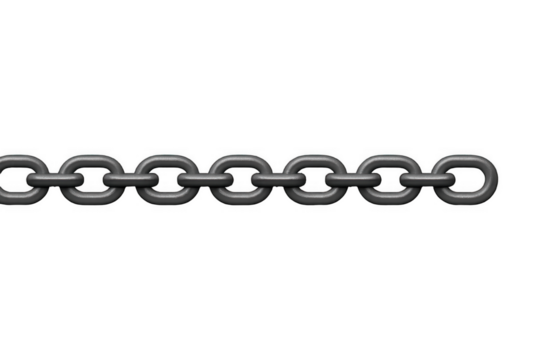 A strong metallic gray chain with seven interlocking links isolated on transparent background