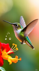 Fototapeta premium Macro shot of a vibrant hummingbird hovering mid-air, sipping nectar from a vivid flower. Detailed feathers and blurred wings highlight beauty, motion, and nature’s precision.