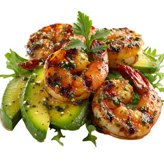 Grilled shrimp with fresh avocado slices is a tasty culinary treat, transparent background